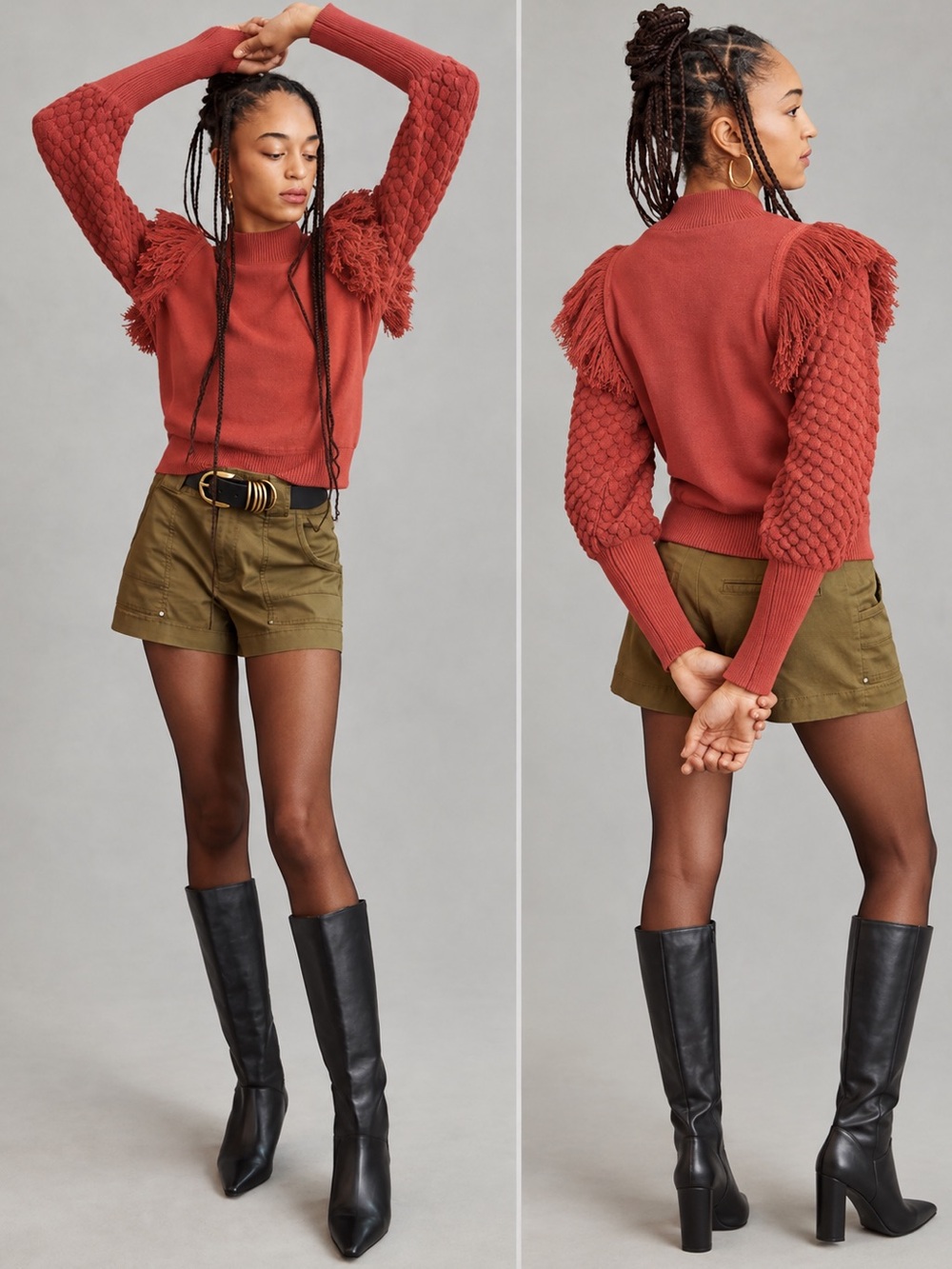 Anthropologie DOLAN Fringed Bubble Sleeve Sweater Rust Coral M